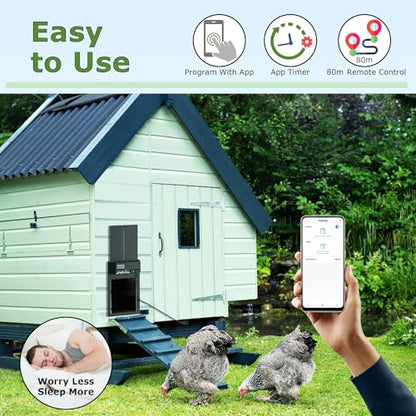 Smart Chicken Coop Door with Programmable App Timer, Solar Powered/Battery Backup, Motion-Activated Anti-Pinch System, Heavy-Duty Waterproof Aluminum Door for Hens & Ducks - MATELOONG