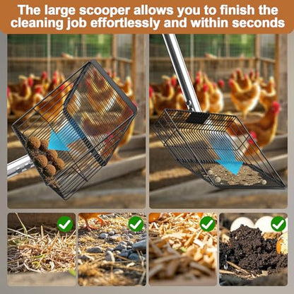 10" Width Metal Chicken Poop Scooper Heavy Duty Farm Sifting Shovel | Stainless Steel Long Handle (27.9 to 54.7") Poultry Litter Sifting Scooper for Chicken Coops Sheep Pens and Cat Litter Box