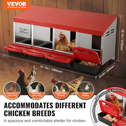VEVOR Chicken Nest Box, 4-Compartment, 15 to 30 in Stable & Corrosion-Resistant Metal Nesting Boxes with Inclined Nesting Boxes, Bottom Holes & Resting Platform, Fit for Different Chicken Breeds - size: 41.7"L x 20.6"W x 18.7"H
