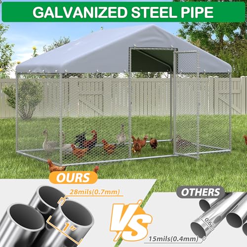 Large Metal Chicken Coop, Walk-in Chicken Run Pen with Anti-UV&Waterproof Cover, Spire Roof Poultry Cage for Outdoor, Backyard, Farm (6.4'FTx9.7'FT) - size: 117.0"L x 77.0"W x 77.2"H