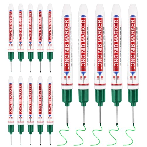 15 Pcs Long Head Deep Hole Marker, 20 mm Long Nose Nib Deep Reach Metal Marking Pen, Quick-drying Waterproof Permanent Pens For Carpenter, Woodworking, Construction (Green) - color: Green