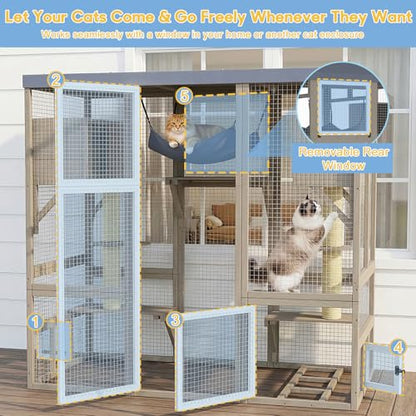 Catio Outdoor Cat Enclosure Large Walk-in Cat House with Flat Roof and Multi-Level Platforms, Cat Hammock & Litter Box Shelf, Elevated Wooden Cat Shelter for Multiple Cats, Backyard Patio Garden - size: 61.5"L x 34"W x 57.5"H