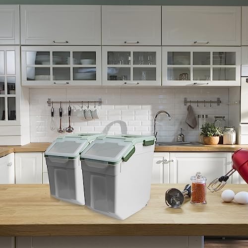 Rice Storage Container 25 lbs, 2 Packs Large Flour Storage Containers with Seal Locking Lid & Wheels, BPA Free Rice Dispenser, Measuring Cup | Scoop, for Sugar Cereal Dry Food, Dog Pet Food Bin -Green - color: 2Pcs 25LB Green