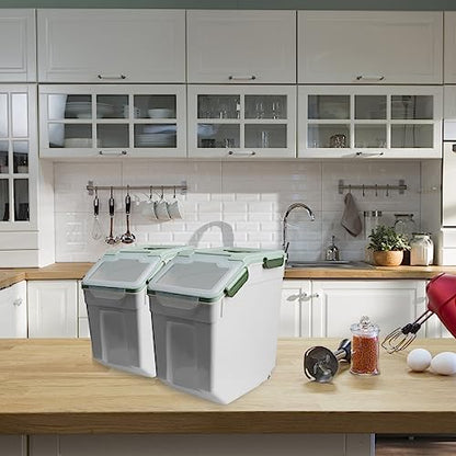 Rice Storage Container 25 lbs, 2 Packs Large Flour Storage Containers with Seal Locking Lid & Wheels, BPA Free Rice Dispenser, Measuring Cup | Scoop, for Sugar Cereal Dry Food, Dog Pet Food Bin -Green - color: 2Pcs 25LB Green