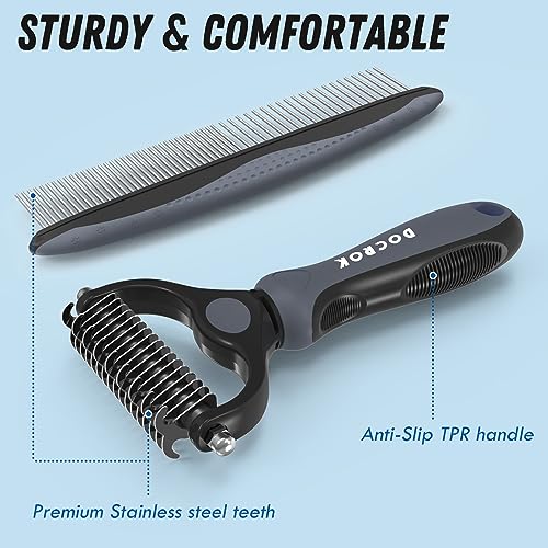 Docrok Pet Grooming Brush and Metal Comb Combo, Cat Brush Dog Brush for Shedding, Undercoat Rake for Dogs Grooming, Dematting Deshedding Brush Dogs Shedding Tool for Long matted Haired Pets, Gray - color: Gray