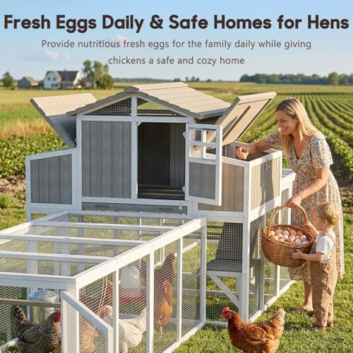 Extra Large Wooden Chicken Coop with Dual Runs for 6–10 Chickens, 2-Tier Elevated Hen House with Nesting Boxes, Expandable Connected Runs, Reinforced Frame, Slide-Out Tray, Grey - color: Grey