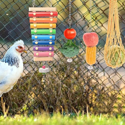7 Pack Chicken Toys for Coop Accessories, Chicken Xylophone Toy, Chicken Mirror, Chicken Ladder Bridge, Coop Swing, Vegetable Hanging Chicken Feeder, Chewing Foraging Toys, Gifts for Hens