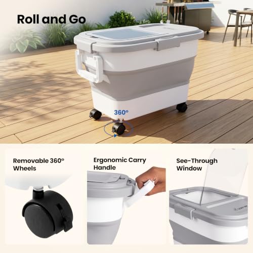 Wood Pellet Storage Container 20-25lbs, Airtight Bin with Locking Lid & Clear Window, Collapsible Pellet Bucket with Wheels, Scoop & Labels, Gray - color: Gray-M