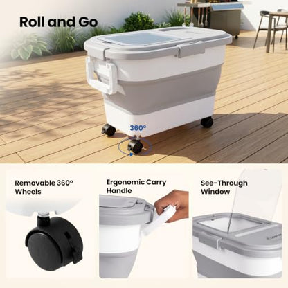 2-Pack Wood Pellet Storage Containers, 20-25lbs Airtight Bins w/Clear Window | Collapsible Pellet Bucket with Wheels & Locking Lid; Foldable Container with Scoop & Labels; Gray - color: Gray-M-2 Pack