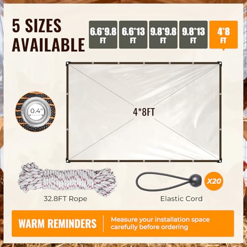 4x8 Ft Chicken Coop Cover for Winter - Waterproof Chicken Coop Tarp with Elastic Cords & Rope, Durable Protection for Large Chicken Runs - size: 4x8FT