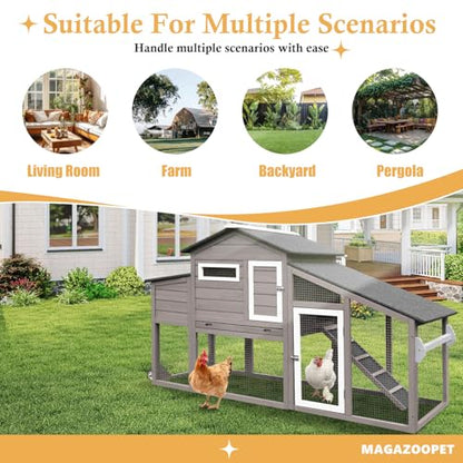 Chicken Coop with Wheels, Weatherproof Outdoor Chicken Hen Houses with Run, 2 Story Wooden Poultry Coops Rabbit Hutch for 2-3 Chickens Bunny with Leakproof Tray, Nesting Boxes, Ramp - color: 79" L Gray