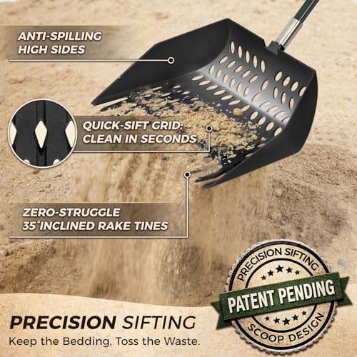 Chicken Poop Scooper & Rake 3 in 1 - Aluminum Alloy Chicken Coop Scoop & Snap-Lock Telescoping Adjustable Handle (16 to 44”), Sand Sifter Shovel for Small Farm Animals US Patent Pending (Sable Black) - color: Sable Black