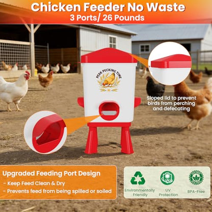 3 Gallon Chicken Feeder and Waterer Set, Large Chick Water with Automatic Float Valve, No Waste Poultry Feeding and Watering System, 4 Cups & 3 Ports, Chicken Coop Accessories for Pigeons Quail, Red