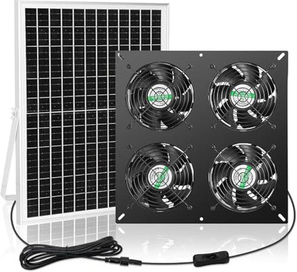 blessny 25W Solar 4 Fan Kit for Outdoor Greenhouse, Solar Powered Vent Exhaust Ventilation Fan for Chicken Coop, Shed Air Circulation, 14.7 Ft Long Cord with IP65 Weatherproof Rate - size: 4 Fan Kit