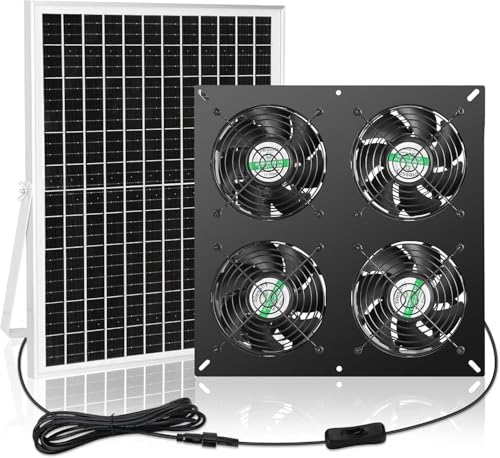 blessny 25W Solar 4 Fan Kit for Outdoor Greenhouse, Solar Powered Vent Exhaust Ventilation Fan for Chicken Coop, Shed Air Circulation, 14.7 Ft Long Cord with IP65 Weatherproof Rate - size: 4 Fan Kit