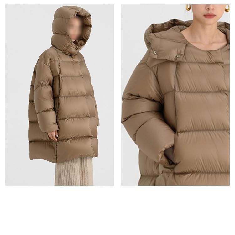 Women's Khaki Down Jacket Medium Length Loose A-line Detachable Hooded Warm
