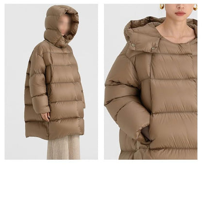 Women's Khaki Down Jacket Medium Length Loose A-line Detachable Hooded Warm