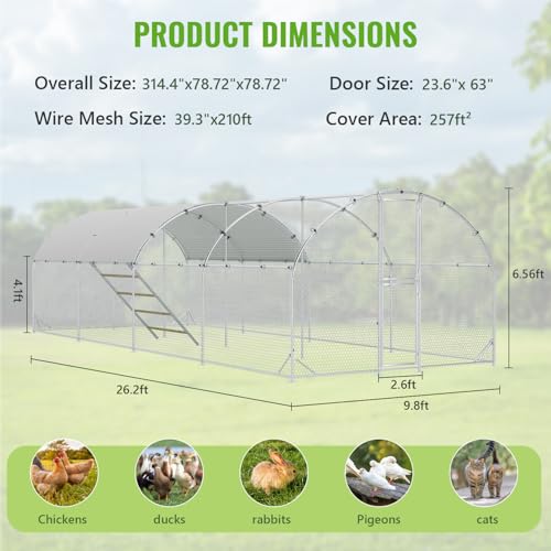 Large Metal Chicken Coop, Chicken Runs for Yard with Cover, Arch Roof Chicken Coop, Outdoor Chicken Pen, Heavy Duty Galvanized Steel Frame, Waterproof Cover, 10 x 26 x 6.5 FT - size: 10' x 26'