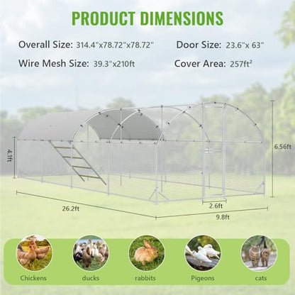 Large Metal Chicken Coop, Chicken Runs for Yard with Cover, Arch Roof Chicken Coop, Outdoor Chicken Pen, Heavy Duty Galvanized Steel Frame, Waterproof Cover, 10 x 26 x 6.5 FT - size: 10' x 26'