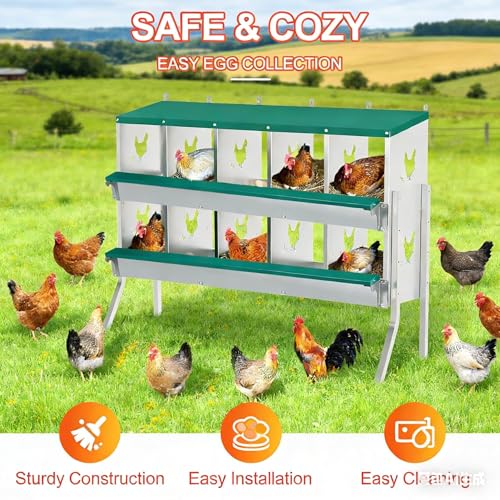 10-Compartment Chicken Nesting Box, Heavy Duty Galvanized Steel Poultry Nest Box, Wall Mount/Freestanding Design for Hens, Ducks, Backyard Homesteads & Farm Use, Green, 10 Mats &4 Eggs, with Stand - color: Green, size: 10 Room&Mat eggs