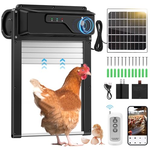 Automatic Chicken Coop Door Solar Powered and 5000mAh Battery, LCD Display Automatic Chicken Door with Timer & Light Sensor & PIR, APP Remote Control Solar Chicken Coop Door