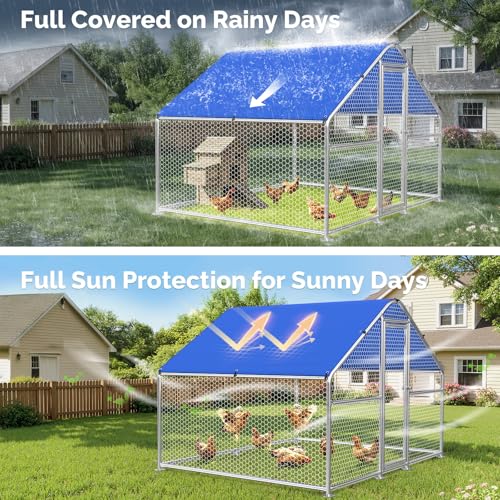 Large Metal Chicken Coop with Hexagonal Chicken Wire, Chicken Coop Run Pen for Yard with Waterproof Cover, Outdoor Large Walk-in Chicken Coops for 8 Chickens Duck Pen House Cage Run - size: 78.7"L x 78.7"W x 74.8"H