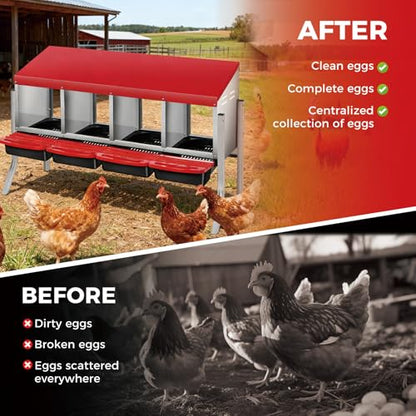 Chicken Nesting Boxes, 4-Hole Wall Mount Roll Away Nest for Easy Cleaning & Egg Collection, Metal Chicken Coop Nest for Hens, for Backyard, Farm, Poultry Coop with Bracket Legs, Red - color: Red