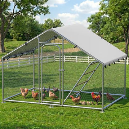Large Metal Chicken Coop with Roosting Perch, UV-Resistant and Waterproof Cover, Chicken Run Outdoor Walk-in Cage Rabbit Duck Hen House for Yard Farm Use Spire Roof (10’ W x 4.9’ L x 6.4’ H) - size: 59.9"L x 118.0"W x 78.0"H