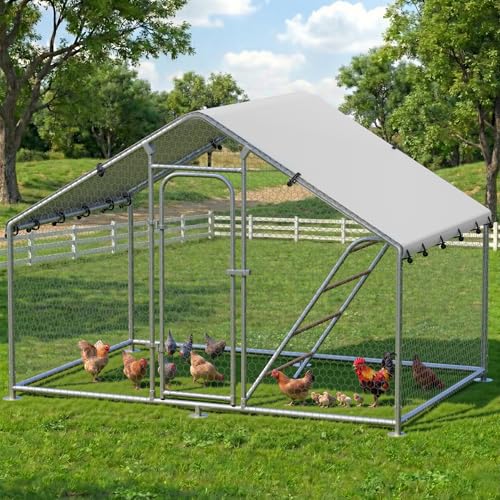Large Metal Chicken Coop with Roosting Perch, Waterproof and UV-Resistant Cover,Chicken Run Outdoor Walk-in Cage Rabbit Duck Hen House for Yard Farm Use Spire Roof (10’ W x 4.9’ L x 6.4’ H) - size: 59.9"L x 118.0"W x 78.0"H