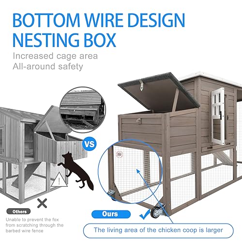PetsCosset 75" Wooden Chicken Coop with Run and Wheels for 1–4 Chickens, Backyard Hen House with Nesting Box, Removable Tray, Ramp & Weather-Resistant Roof, Grey - color: Chicken Coop large-Grey, size: 75.0"L x 26.0"W x 39.0"H