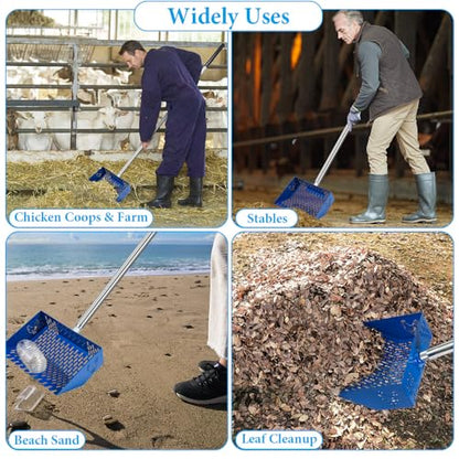 Kalekey Heavy Duty Chicken Coop Rake and Scoop, 15 Inch Extra Large Chicken Coop Rake with Adjustable Stainless Steel Handle (25 to 73 Inch)，Metal Multi-Use Cleaning Shovel for Coops, Beach（Blue） - color: Blue