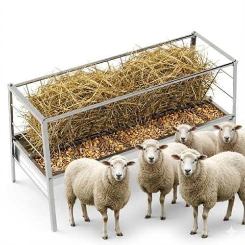 Stainless Steel Hay Feeder for Goats, 85 Gallon Rust-Proof Livestock Trough & Rack, 2-in-1 Heavy Duty Pasture Feeder for Sheep, Horse, and Calves, Reduces Waste