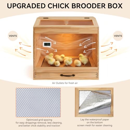 Brooder Box for Chicks with Heat Lamp Kit & Thermometer - Wooden Chicken Brooder for 12 Chicks Indoor/Outdoor - Baby Chicken Cage for Ducks, Quails, Hamsters, Lizards