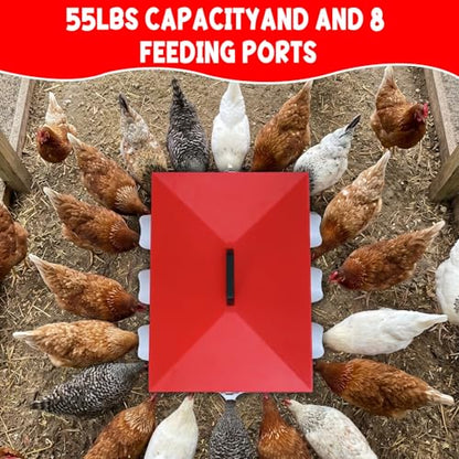 55lbs Automatic Chicken Feeder Large Capacity - 8 Feeding Ports, Galvanized Steel Rainproof Chicken Feeder, Height-Adjustable Legs & Secure Locking Lid for Chickens, Ducks & Poultry
