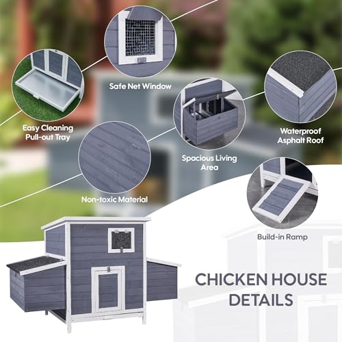 Large Chicken Coop for 2-6 Chickens, Wooden Hen House with 4 Nesting Boxes, Outdoor Chicken House Poultry Cage Rabbit Cage w/Ramps, Window & Openable Roof, 59''L*33.5''W*38.6''H - size: 59.0"L x 33.5"W x 38.6"H