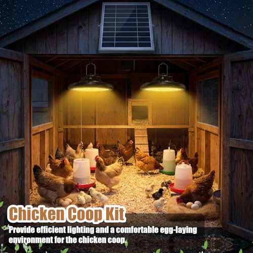 2 in 1 Solar Chicken Coop Light with Timer 6 Pcs Nesting Pads, Hanging Ceiling Pendant Heating Light for Poultry Farms Rechargeable Waterproof Solar Shed Lights for Bullpen Pig Yard Patio