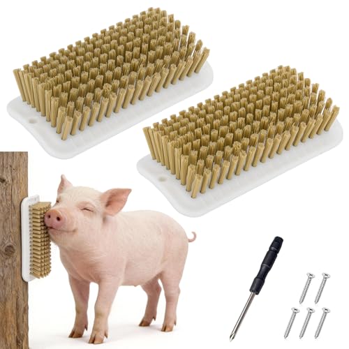 2Pcs Pig Enrichment Toys, Mini Pig Self Cleaning Brushes with Anti Slip Grip & Dual Hanging Holes, Encourages Natural Behavior and Reduces Boredom, Easy Install for Pens, Barns, Yards, Stalls