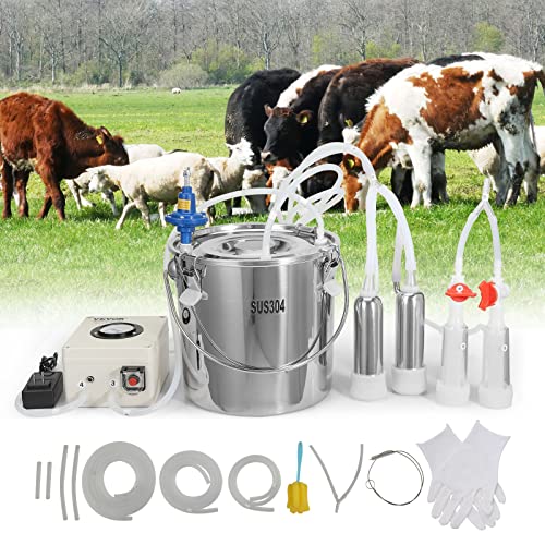 VEVOR Goat Milking Machine, 12 L 304 Stainless Steel Bucket, Electric Automatic Pulsation Vacuum Milker, Portable Milker with Food-Grade Silicone Cups and Tubes, Adjustable Suction for Cows and Sheep - size: 12 L