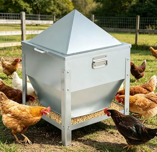 80LBS Large Metal Chicken Feeder, Galvanized Steel Gravity Chicken Feeder with 4-Sided Trough, No Waste Design, Waterproof Locking Lid, Heavy Duty Automatic Outdoor Poultry Feeder for Backyard & Farm