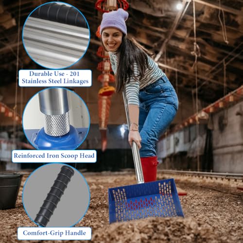 Kalekey Heavy Duty Chicken Coop Rake and Scoop, 15 Inch Extra Large Chicken Coop Rake with Adjustable Stainless Steel Handle (25 to 73 Inch)，Metal Multi-Use Cleaning Shovel for Coops, Beach（Blue） - color: Blue
