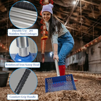 Kalekey Heavy Duty Chicken Coop Rake and Scoop, 15 Inch Extra Large Chicken Coop Rake with Adjustable Stainless Steel Handle (25 to 73 Inch)，Metal Multi-Use Cleaning Shovel for Coops, Beach（Blue） - color: Blue