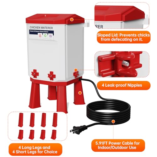 Heated Chicken Waterer, 2 Gallon Thermostatic Poultry Drinker with 4 Nipples, Outdoor Winter Water Heater with Leg Base for Chickens, Ducks, Geese, Turkeys, Anti-Freeze Automatic Watering System