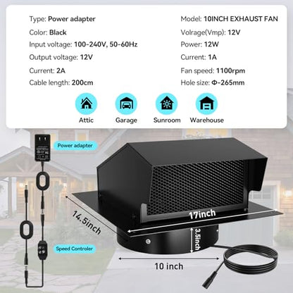 10 Inch Roof Exhaust Attic Fan,Wall Mounted Attic Vent Fan with Speed Controller for Greenhouse, Shed, Garage, Chicken Coop, Shop, Barn Ventilation,2500 CFM, Plug-and-Play, 16.5ft Power Cord, Black