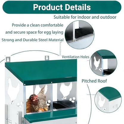 Wall Mounted Chicken Nesting Box – Weather Resistant Galvanized Steel Poultry Nest with 10 Absorbent Pads & 4 Fake Eggs, Egg Roll-Away System & Protective Lid for Coop, Barn, Backyard Hen House - size: 6 Room&Mat eggs