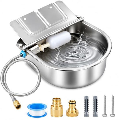 BWOGUE Automatic Water Dispenser for Dogs, 1 Gallon Outdoor Automatic Dog Water Bowl with Float Valve Stainless Steel Dispenser Fit 1/2'' and 3/4'' GHT Faucet for Dog Horse Chicken