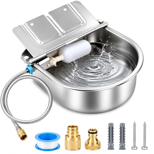 BWOGUE Automatic Water Dispenser for Dogs, 1 Gallon Outdoor Automatic Dog Water Bowl with Float Valve Stainless Steel Dispenser Fit 1/2'' and 3/4'' GHT Faucet for Dog Horse Chicken