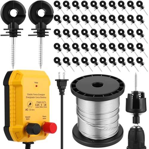 MorningRo Electric Fence Charger Set 110VAC 0.25 Joule Electric Plug in Fence to Contain Pet Poultry Keep Rodent, 50 Black Insulator and 1 Socket Tool 250ft Aluminum Wire for Garden Pond Protection - style: 0.25 Joule