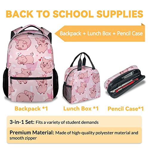 Pig Backpack with Lunch Box and Pencil Case, 16 Inch Cute Pig Bookbag Durable, Lightweight, Large Capacity, Funny Animal Backpack for School Girls Kids Women - color: Style-3-2