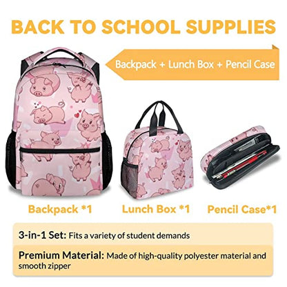 Pig Backpack with Lunch Box and Pencil Case, 16 Inch Cute Pig Bookbag Durable, Lightweight, Large Capacity, Funny Animal Backpack for School Girls Kids Women - color: Style-3-2
