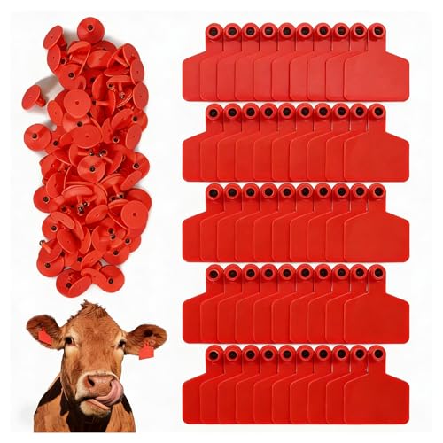100 Blank Cattle Ear Tags | Large Plastic Precision Animal Identification Blank Livestock Ear Tags | Suitable for Farm Management of Cattle, Horses, Dogs, Pigs, Goats, and Sheep red - color: Red